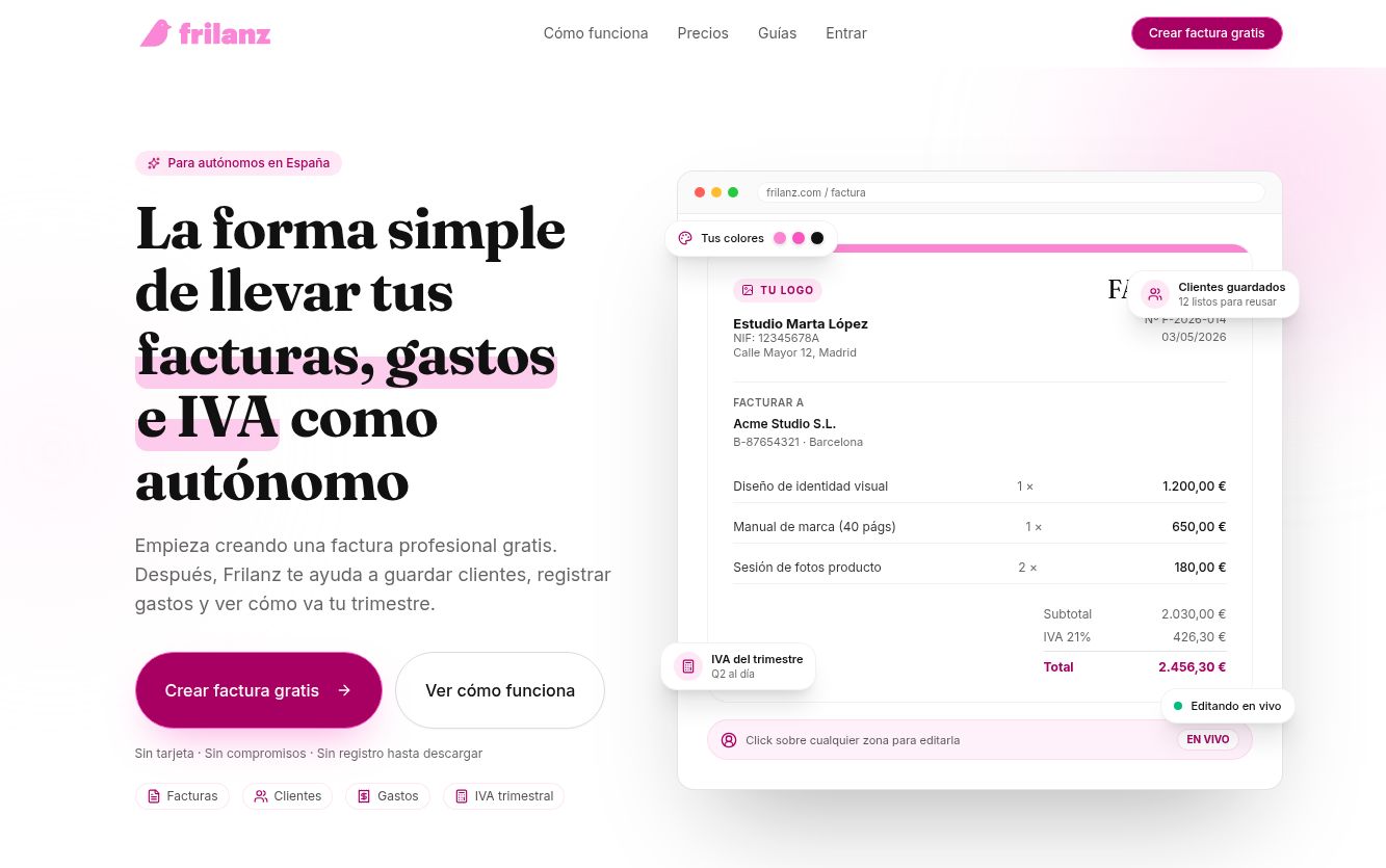 Frilanz homepage with the complete invoice preview