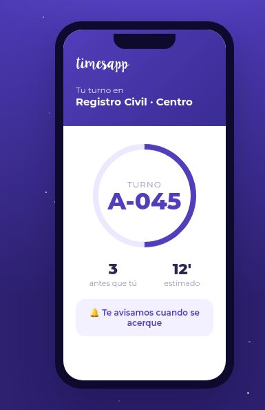 Timesapp mobile screen showing a virtual queue ticket and estimated waiting time